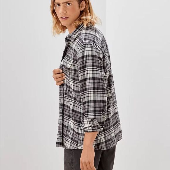 American Eagle Flannel Plaid Shirt‎ Large Grey NWT in packaging - Picture 3 of 8